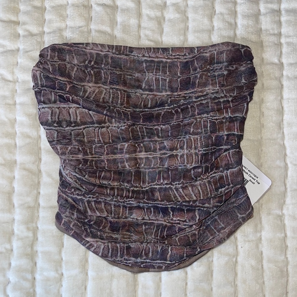 Brown Printed Meshed Corset Crop Top